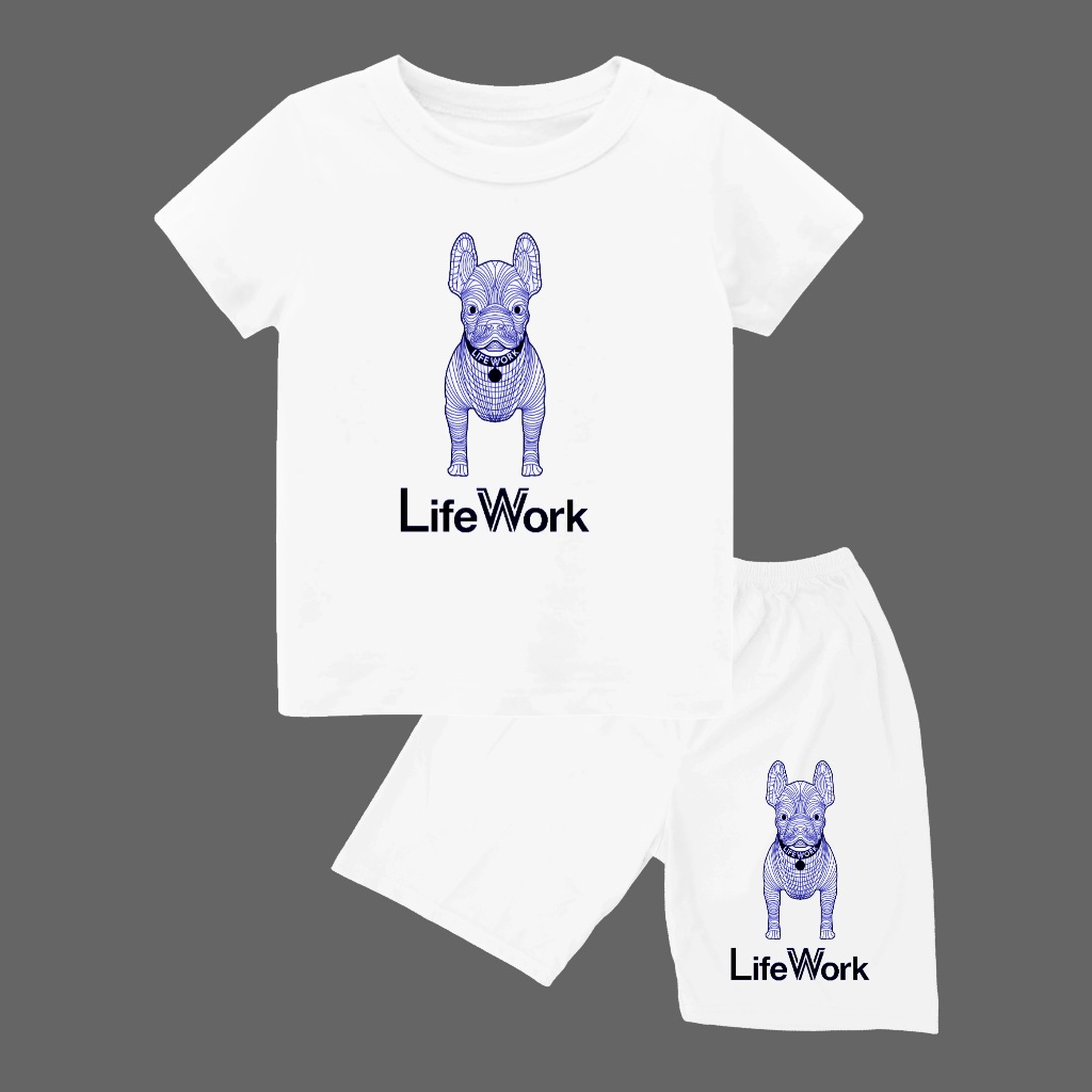 SETELAN Kaos atasan oblong dan celana pendek anak cowok cewek usia 1-10tahun sablon gambar LIFE WORK