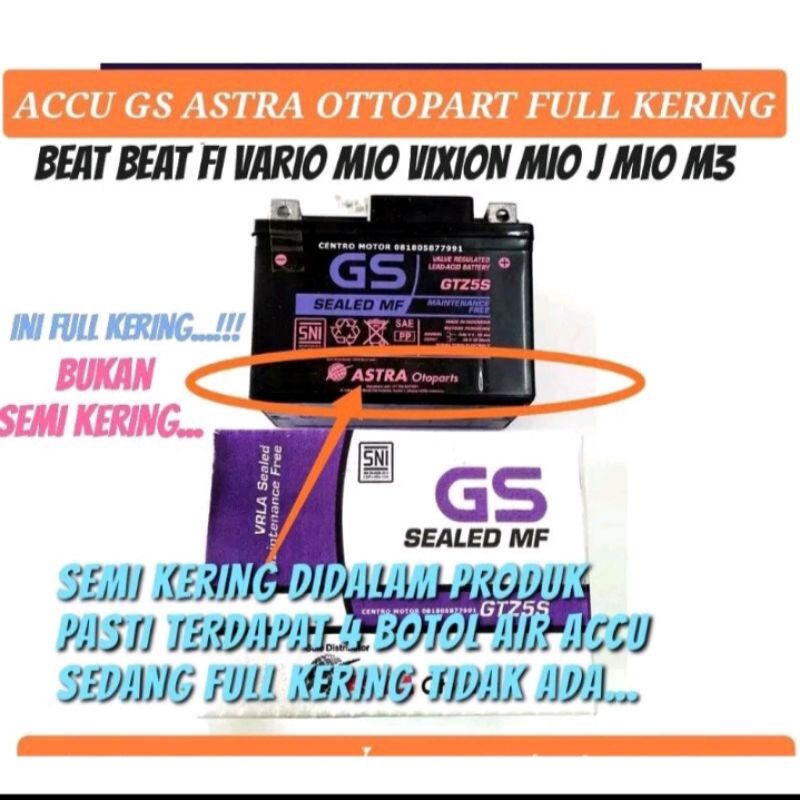 Aki Kering Gs GTZ5S Full Kering Beat/Vario/Mio j Gs Astra Otoparts 100%Asli aki Kering