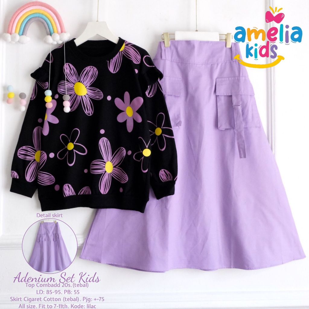 [AMELIA KIDS] ADENIUM SETROK SETELAN ANAK SET KIDS ONE SET SKIRT ROK KARGO KIDS SETELAN KAOS REMAJA 