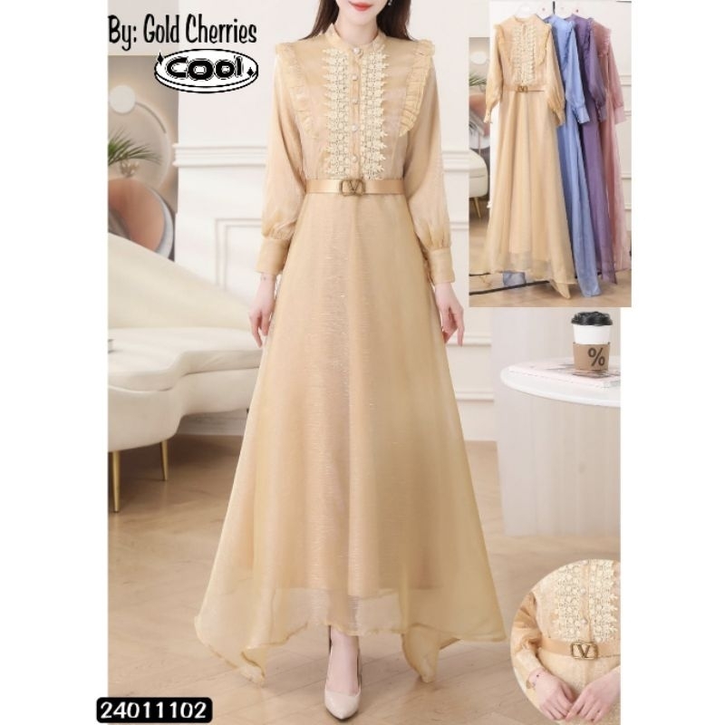 Maxi Dress Gamis Import Premium Gold Cheries Shimmer Busui Friendly (FCODI1226)