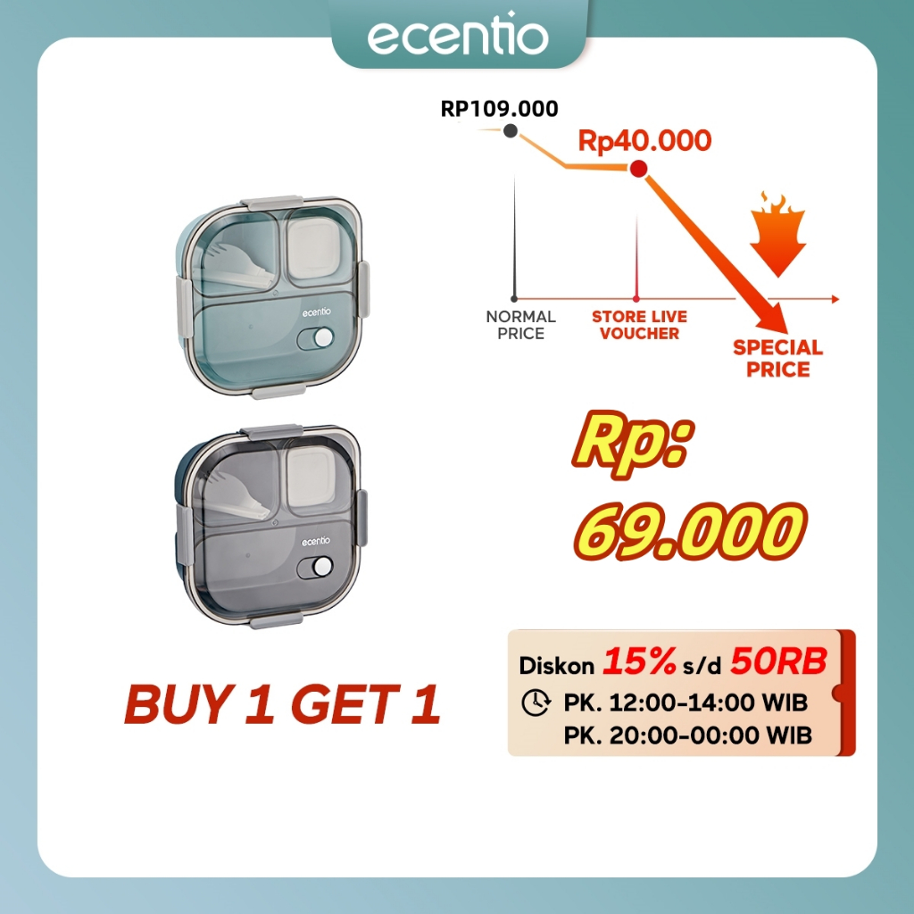 【Beli 1 Gratis 1】【Garansi 30 hari】【Live exclusive】ecentio lunch box anti tumpah 3 sekat tempat bekal