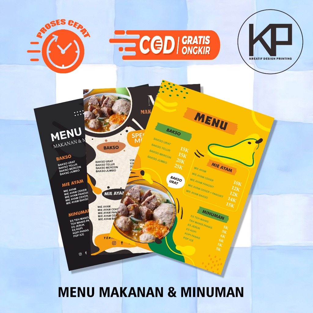 

Cetak Menu Makanan | Minuman | Gratis Design | Costume | Proses Cepat | Kualitas Premium | Murah Banget