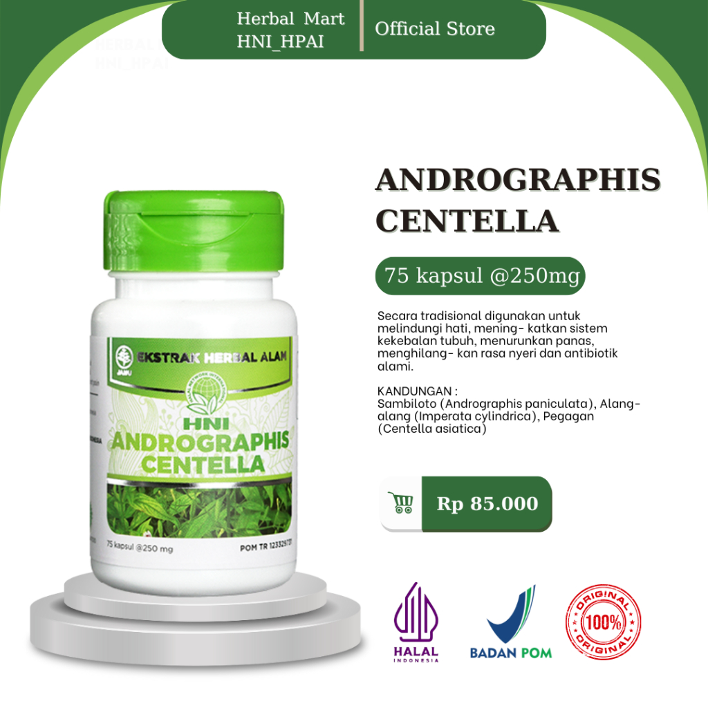 Herbal Mart _ HNI.HPAI (100% Produk Original) Andrographis Centella HNI_HPAI Obat Herbal isi 75 kapsul untuk melindungi hati, meningkatkan sistem kekebalan tubuh, menurunkan panas, menghilangkan rasa nyeri dan antibiotik alami