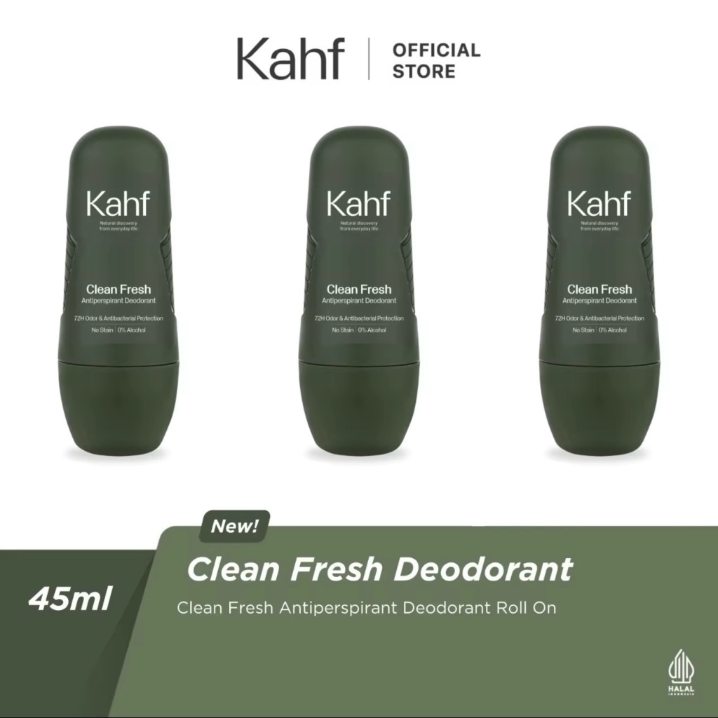 KAHF Clean Fresh Antiperspirant Deodorant Roll On Triple Pack Indonesia / Paket Deodorant Pria 45ml 