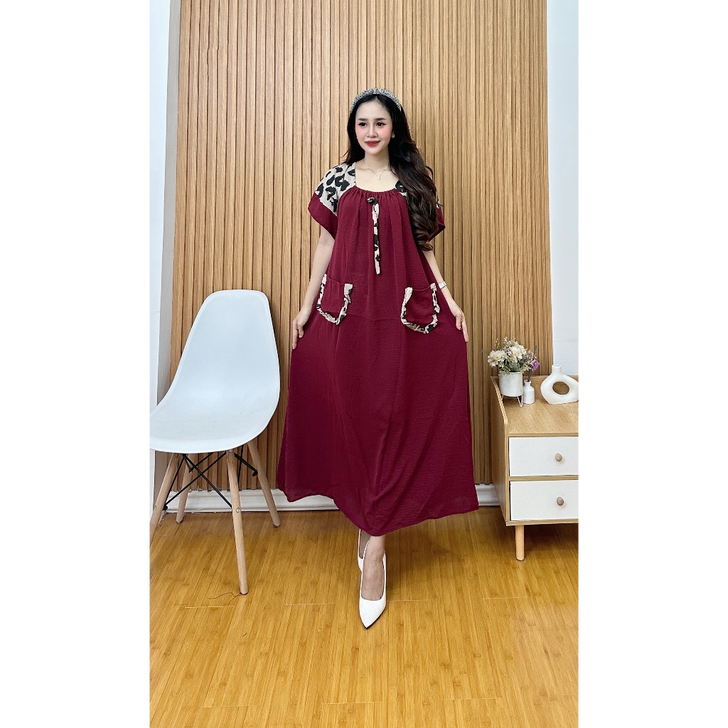 Daster Wanita Fuji Leopard Kantong Depan Busui Arab JUMBO Ld 120 Dress Rayon Kombinasi Crinkle Airfl