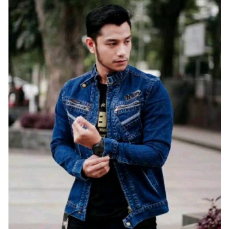 ART E23U  jaket jeans pria resleting ukuran L XL XXL XXXL  jaket denim zipper pria terbaru  jaket je