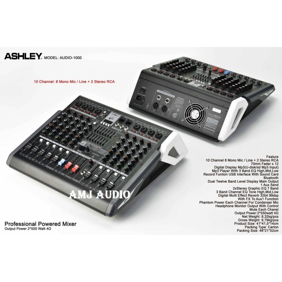 ASHLEY AUDIO-1000. Power Mixer 10 Channel 8 Mono / Line + 2 Stereo RCA.