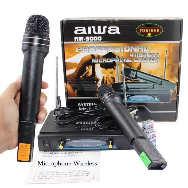 Mic wireless aiwa AW - 500G microphone double wireless UHF mic vocal profesional