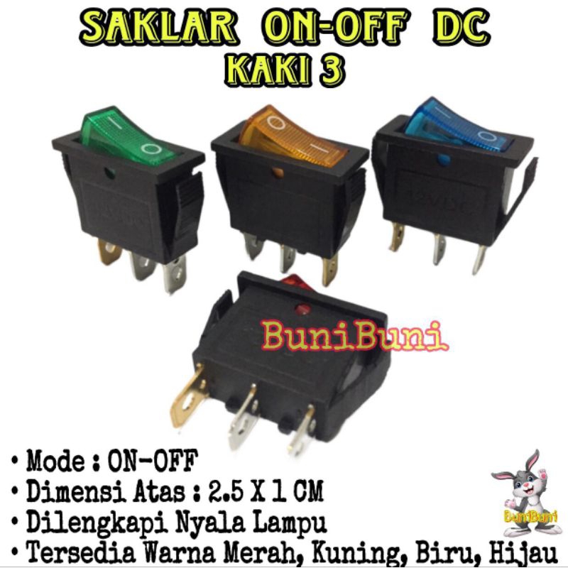 SAKLAR ON OFF PIANO / Switch Tombol Lampu ON OFF Kaki 3 DC Untuk Mobil Motor Dengan Led