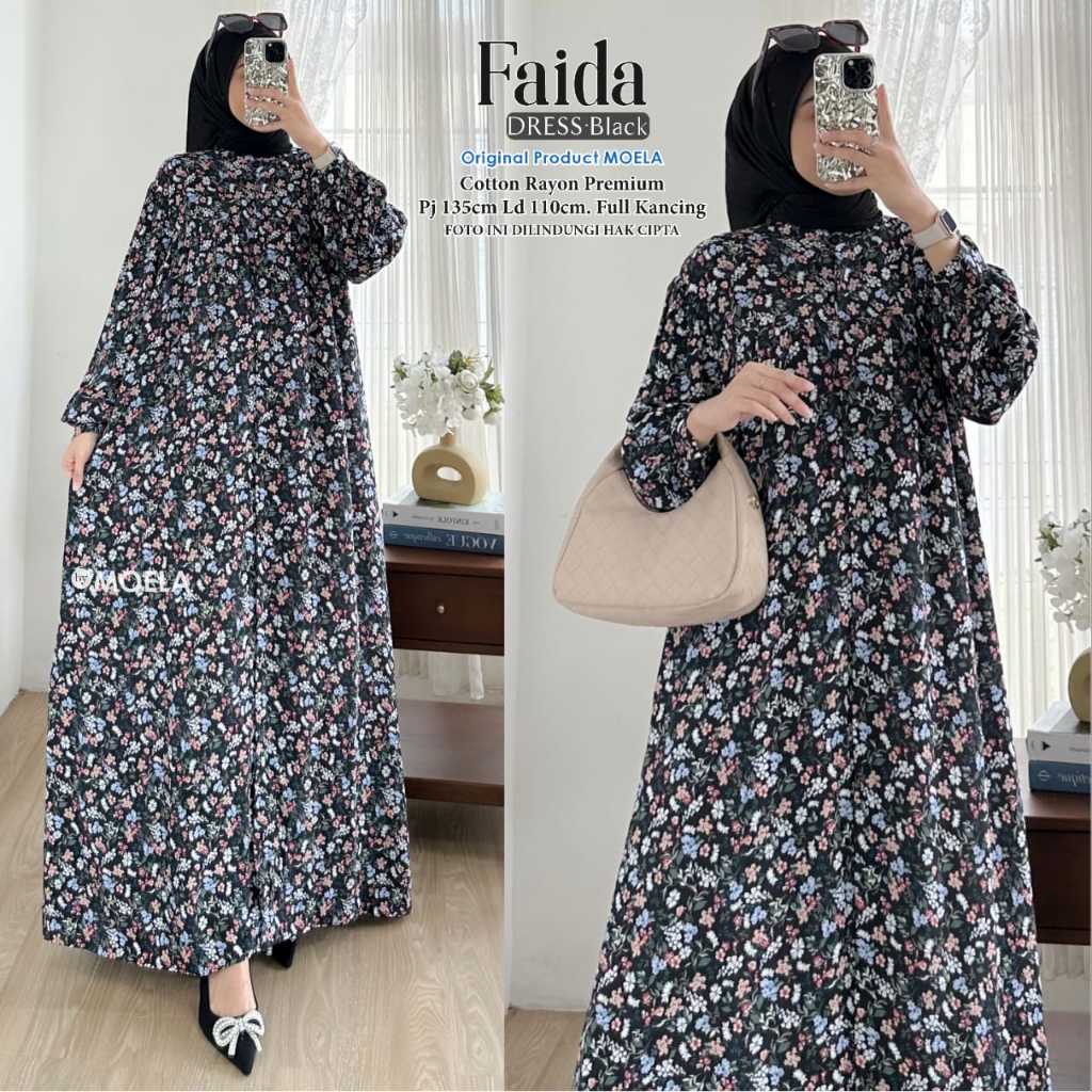Difia Midi Dress Moela LD 110 Busui Friendly Rempel Bahan Rayon Lengan Karet Zipper Depan