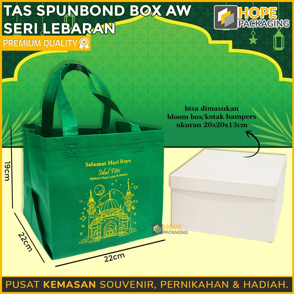 

Tas Spunbond AW Lebaran /Tas Hampers Idul Fitri / Tas Hampers LEBARAN Kotak uk: 22x22 / Goodie Bag LEBARAN/IMLEK