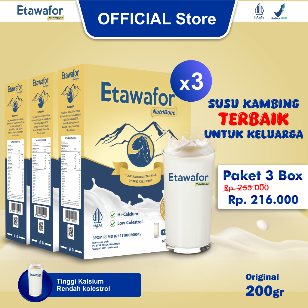 

SUSU ETAWAFOR - Susu Kambing Original membantu memelihara kesehatan Sendi & Tulang isi 3 box