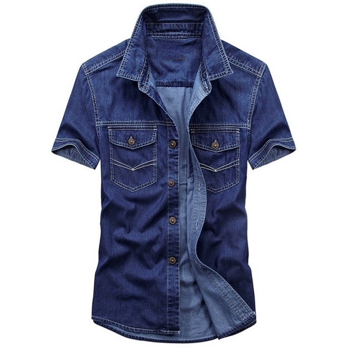 ART Q16T Kemeja Denim Kayser Lengan Pendek Pria Model Slim Fit