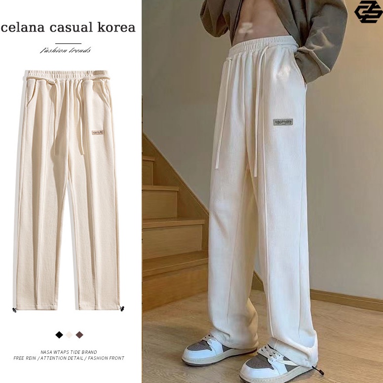 OKW558 Stok terbaru putih celana panjang polos celana loose pants daily celana santai celana korean 