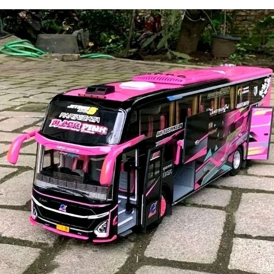Miniatur bus JB5 black pink remot control telolet Basuri full lampu v4