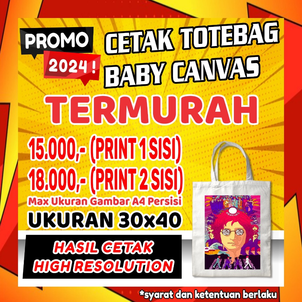 PROMO Totebag Baby Canvas Custom Printing Desain Bebas / Tas Pria Wanita Tote Bag Murah / Tas Souven