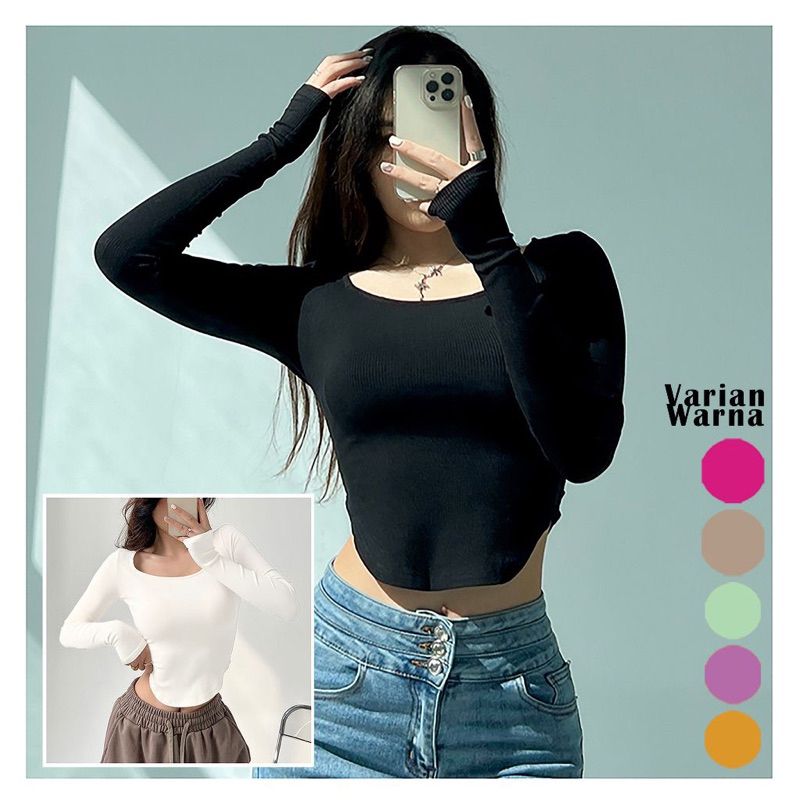 Ameera Atasan Wanita Kaos Simpel Bodycon Crop Top Square Neck Longsleeve