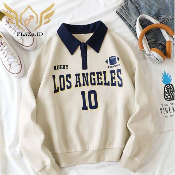 Sweater Rugby Kancing LOS ANGELES Kombinasi  BEIGE HITAM Sweater Kerah Oversize