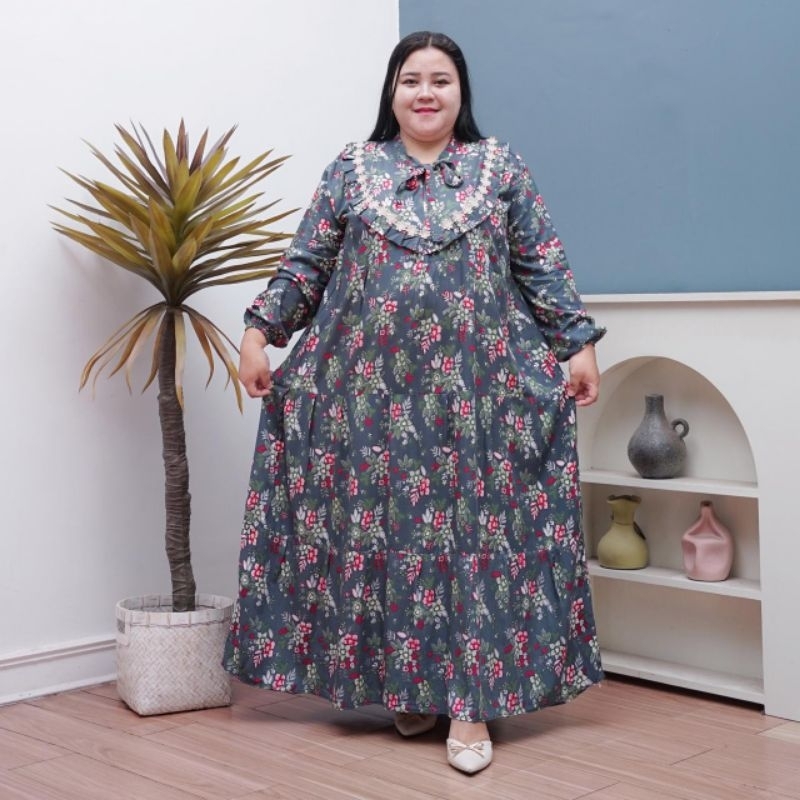 MIDI DRESS KEKINIAN MOTIF BUNGA GAMIS SUSUN HOMEDRESS BAHAN RAYON PREMIUM LD 130 UKURAN JUMBO MUAT B