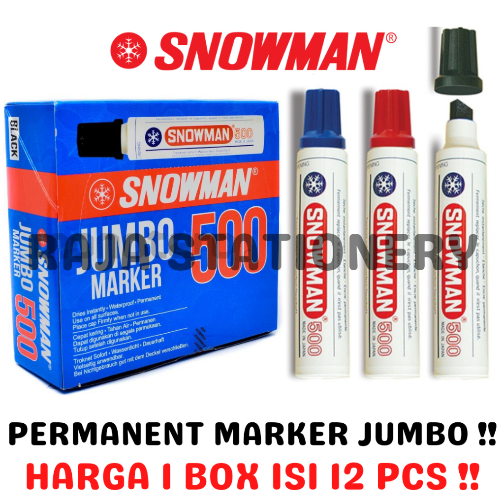 

SNOWMAN PERMANENT MARKER BLACK BLUE RED JUMBO SPIDOL PERMANEN BESAR HITAM BIRU MERAH J-500 LUSIN BOX [12PCS]