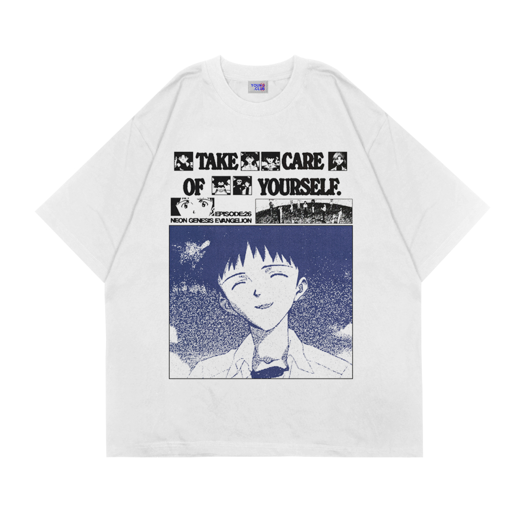 YOUNG.CLUB | KAOS BAJU ANIME EVANGELION TAKE CARE EPISODE 26 | T-SHIRT OVERSIZE PUTIH STYLE Y2K VINT