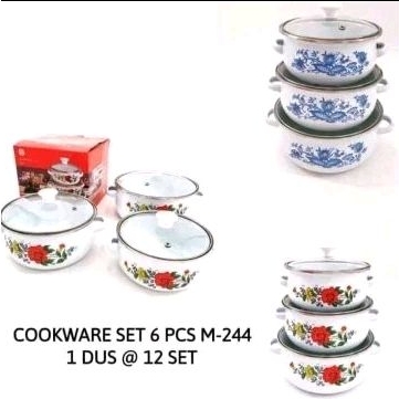 Cookware Set - Panci Set Enamel Kembang Susun 6pcs / Panci Susun 3 Enamel Tutup Kaca / Panci Reona