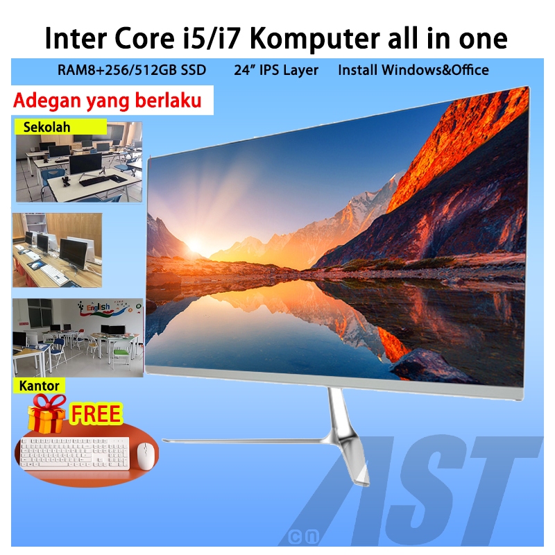 【FREE Install】PC komputer gaming all in one  full set baru core i7 22/24 inch ram8+512gb SSD editing install windows/office
