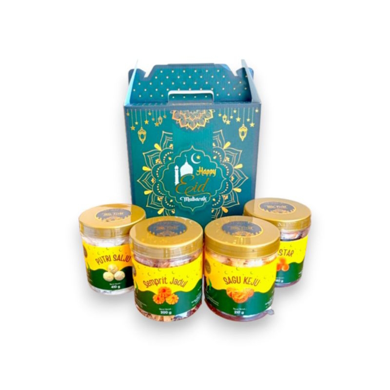 

Hampers Eid Mubarak Nastar,Sagu keju,Putri salju,Semprit Jadul, Parcel Lebaran 4 Kue Kering