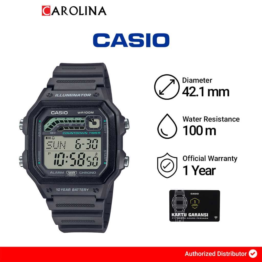 Jam Tangan Pria Casio General WS-1600H-8A Digital Dial Grey Resin Band