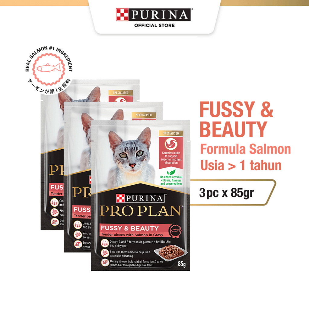 PRO PLAN Adult Fussy &amp; Beauty Salmon Makanan Kucing Basah 85gr x3pcs