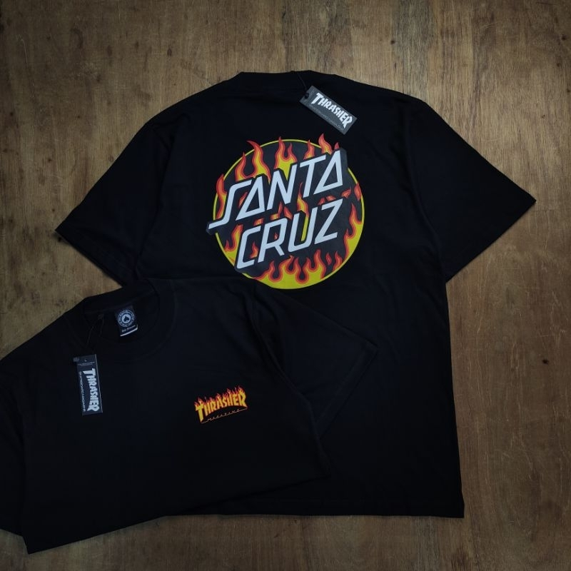 KAOS OVERSIZE THRASHER X SANTA CRUZ FLAME FONT LOGO BASIC PRINTED BLACK TEES BESTSELLER