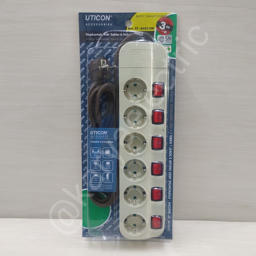 Iij STOP KONTAK UTICON 6 LUBANG SAKLAR MASING KABEL 3 METER UTICON ST8682 SW e Terlaris