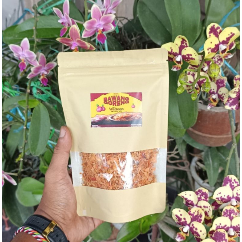 

bawang goreng premium asli tanpa tepung, sehat tanpa minyak tanpa campuran tepung, bisa sbg camilan sehat, kemasan pouch 50 ml