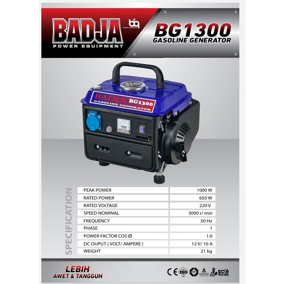 Genset BADJA BG1300 Generator Listrik 650 Watt Bensin 2 Tak Manual BG 1300