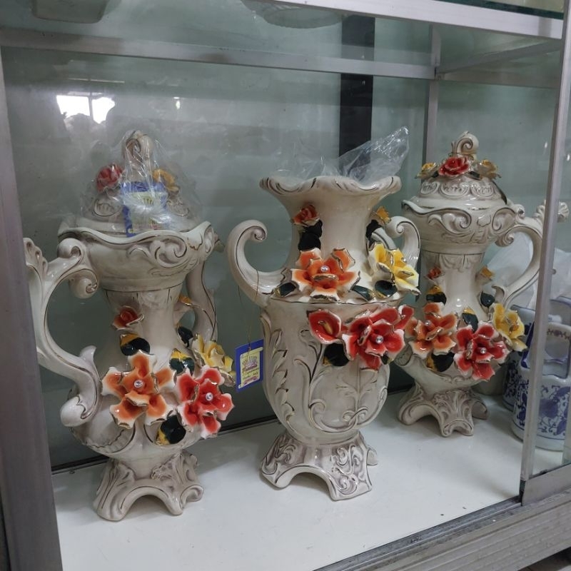 Pajangan set 3 pc tocin guci tutup dan vas jumbo capodimonte