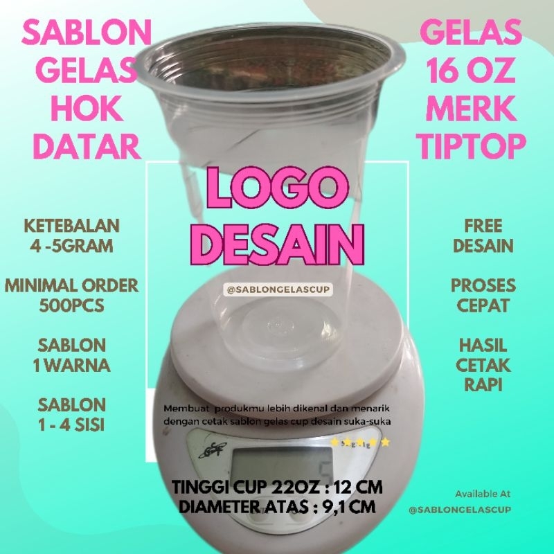 Termurah  Sablon Cup Plastik 16oz hok/tiptop datar