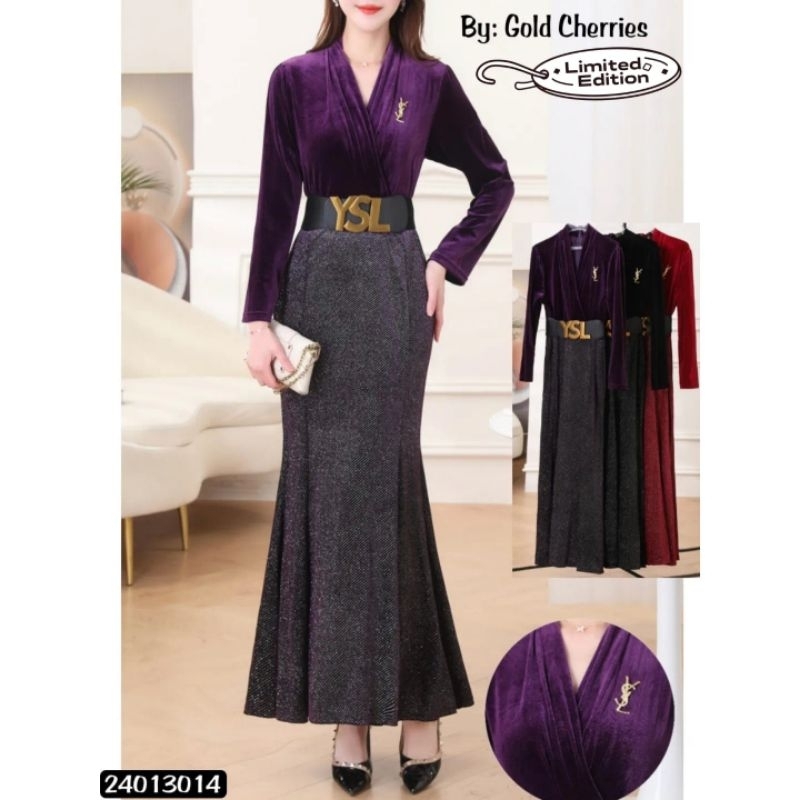 Maxi Dress Gamis Import Gold Cheries Premium Velvet Mermaid (FCODI1230)