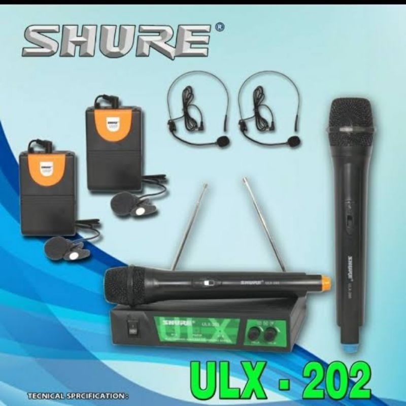 mic wireless shure ulx202 1set paket lengkap ulx 202 / mic handle / mic jepit / mic bando / mic head