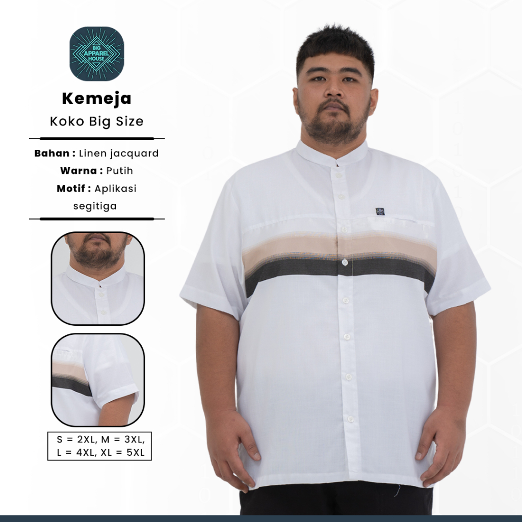 Baju Kemeja Koko Atasan Muslim Pria Jumbo Big Apparel House Linen OffWhite Garis Retro 3 Tone Lengan