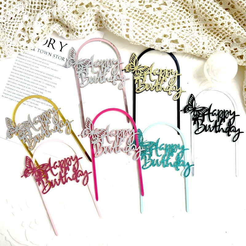 CAKE TOPPER AKRILIK HAPPY BIRTHDAY HIASAN KUE KUPUKUPU DEKORASI KUE BUTTERFLY ULANGTAHUN ACRYLIC