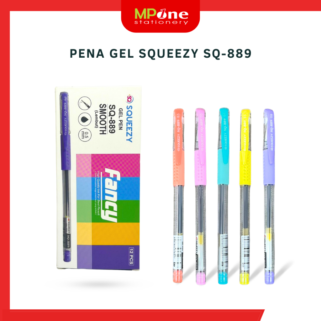 

(1 KTK) Pena Gel Squeezy 0,5mm Fancy / Squeezy SQ889 Pen Gel Tinta Hitam Cover Warna Warni