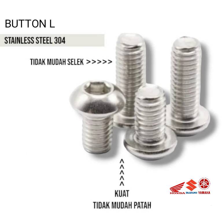 5pcs BAUT BUTTON L M10 x 12 Baut Button 10x12 Kunci L 6 Button M10 STAINLESS STEEL SS304