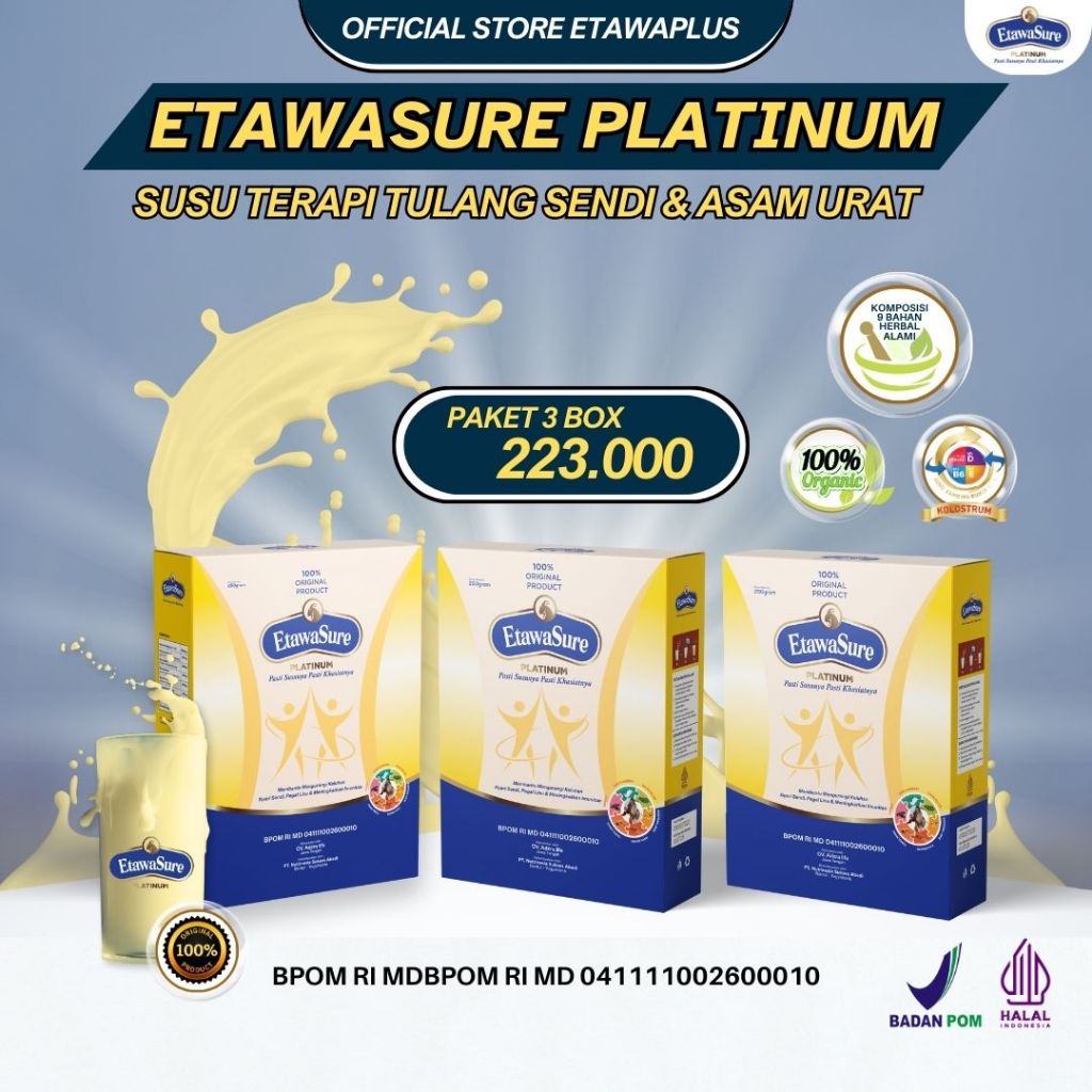 

Etawasure Platinum Susu Kambing Etawa Herbal Rasa Jahe Untuk Asam Urat Kemasan 250gram Paket 3 Box