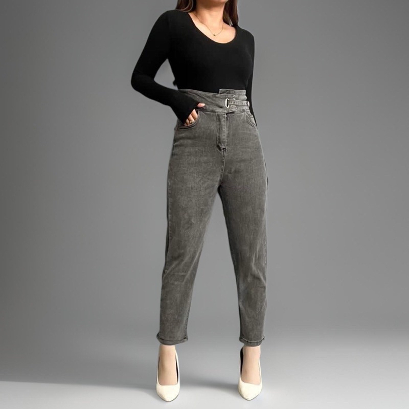 TERBARU CELANA BOYFREND HW JEANS D46 TALI PINGGANG 27-34 ABU