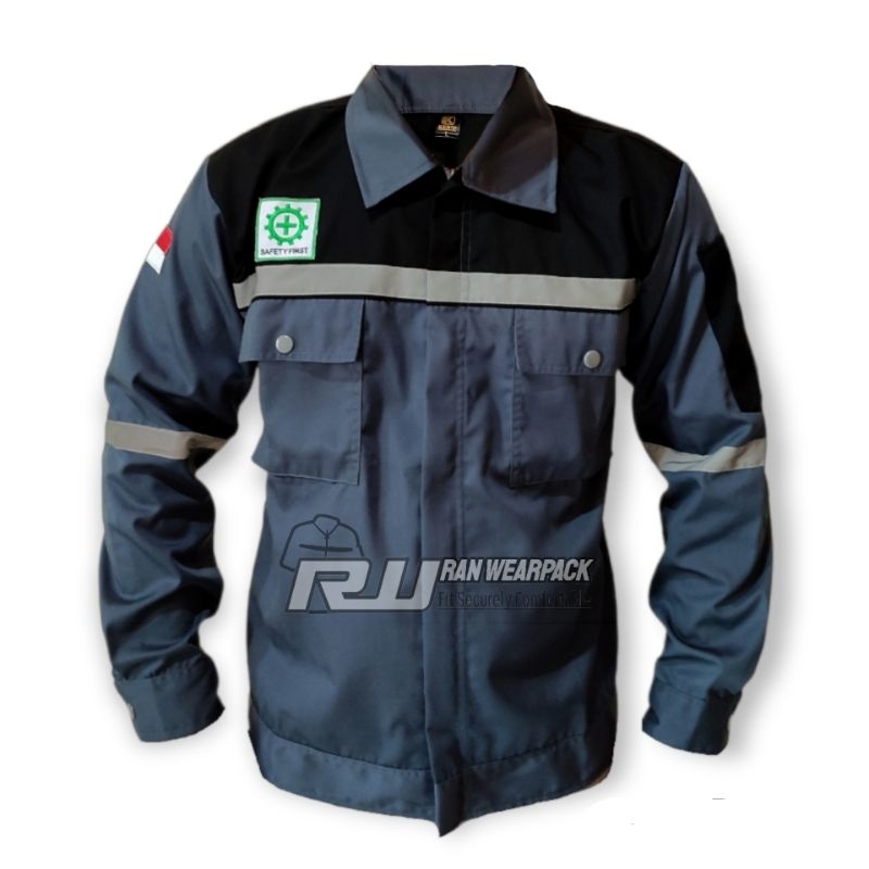 Baju Kerja Wearpack - Kemeja Kerja Lengan Panjang Warna Abu Kombinasi Hitam