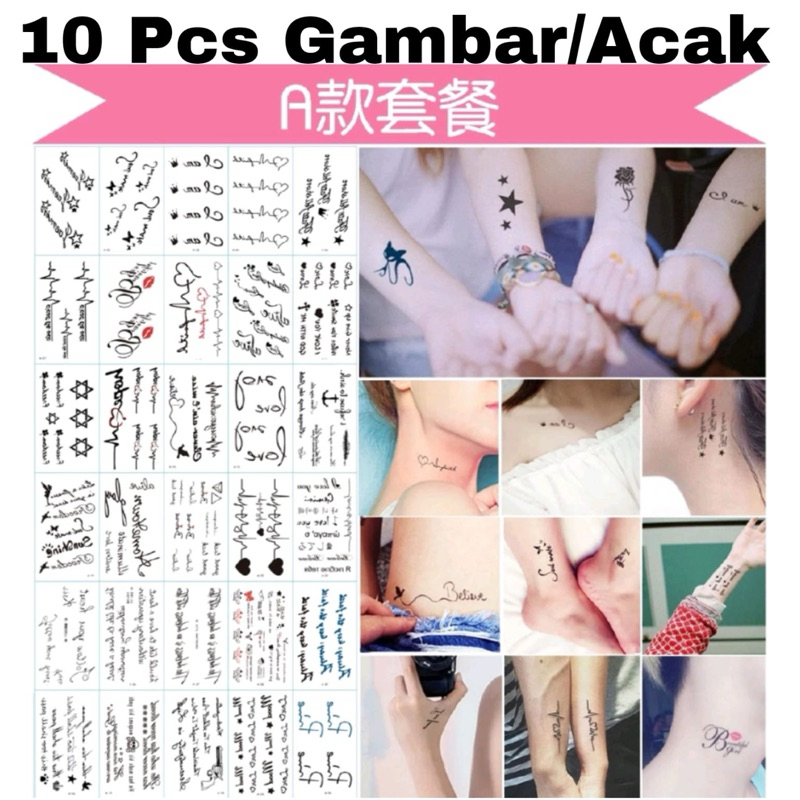 (Paket 10 Lembar) Tato Temporer Tattoo Seri A TULISAN RANDOM desain seperti di gambar tahan 2-4 hari
