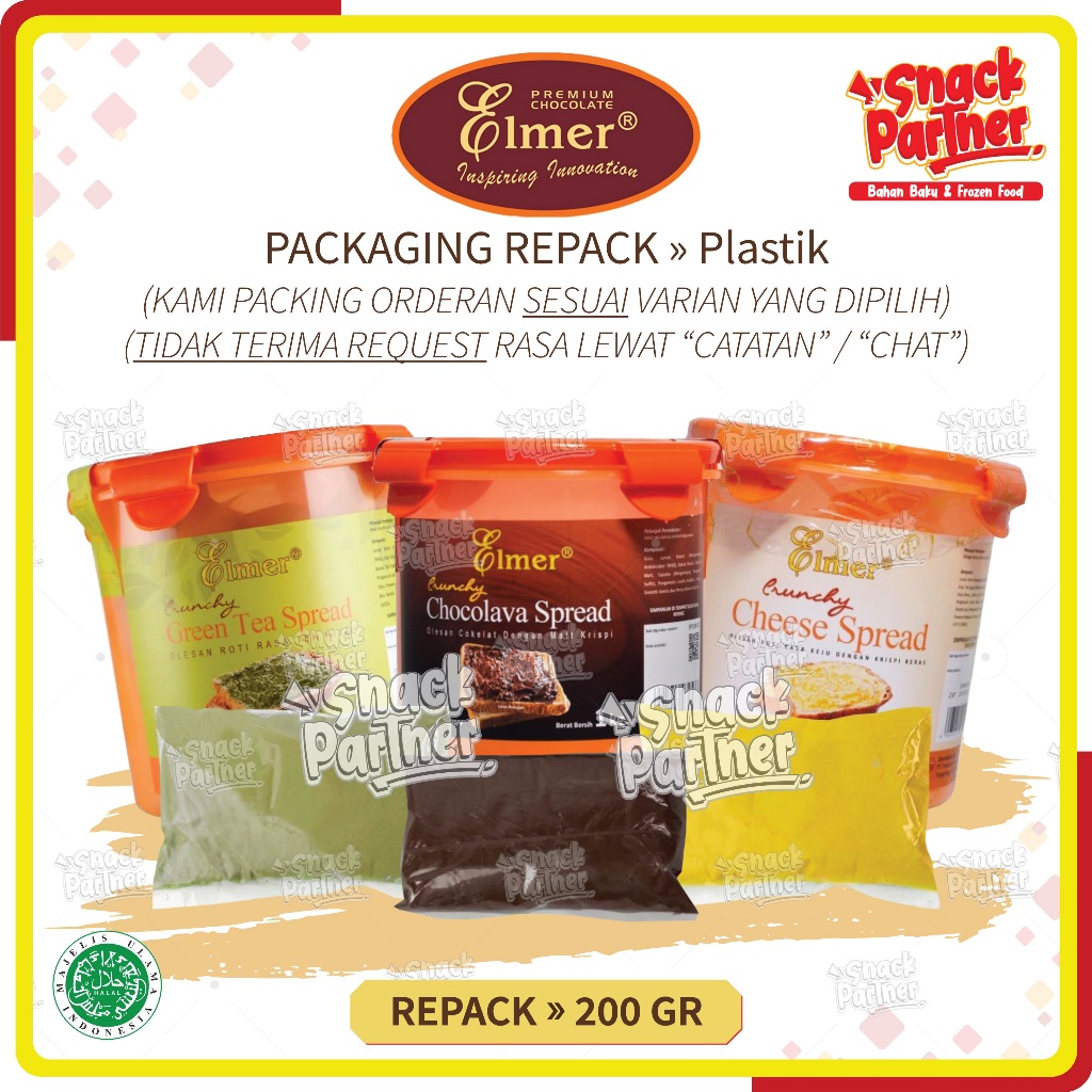 

ELMER CRUNCHY SPREAD Repack 200 GR - Topping Selai Eimer - Dark Choco Coklat White Milk Susu Strawberry Stroberi Blueberry Cappuccino Green Tea Taro Cheese Keju Avocado Alpukat Red Velvet Pandan Tiramisu Chocolava Chocomaltine Collins Goldenfil