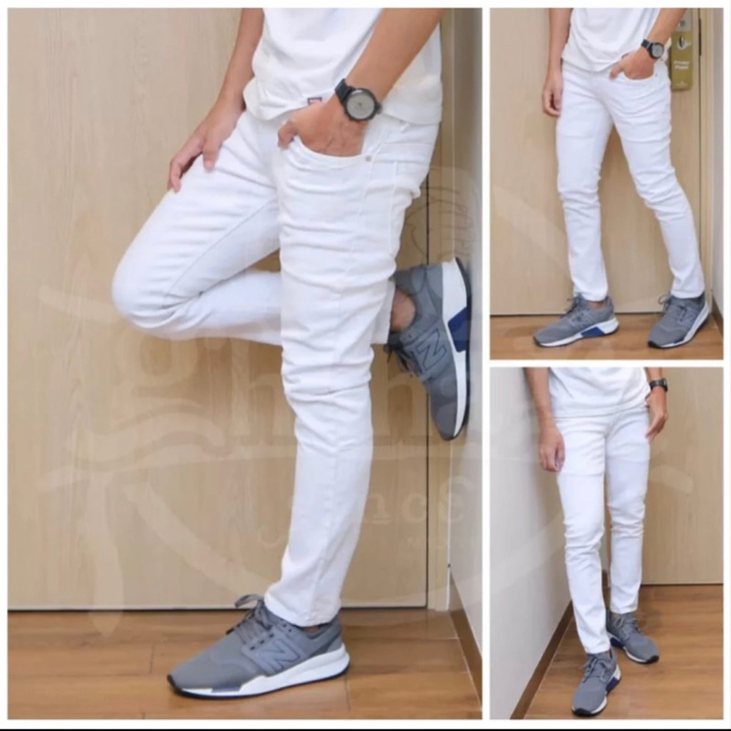 Celana Jeans Pria Denim Celana Pensil Cowok Putih Celana Jeans Panjang Pria Slim Fit