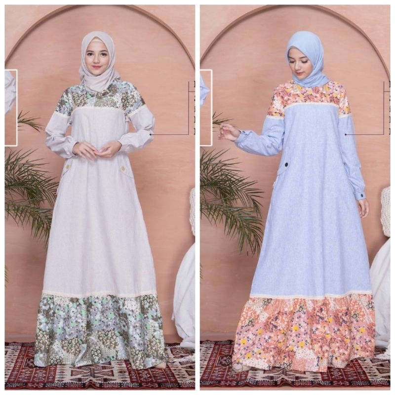Baju Gamis Rauna RGD 15 Cream - Blue / Gamis Dewasa / Fashion Muslim Rauna / Baju Gamis