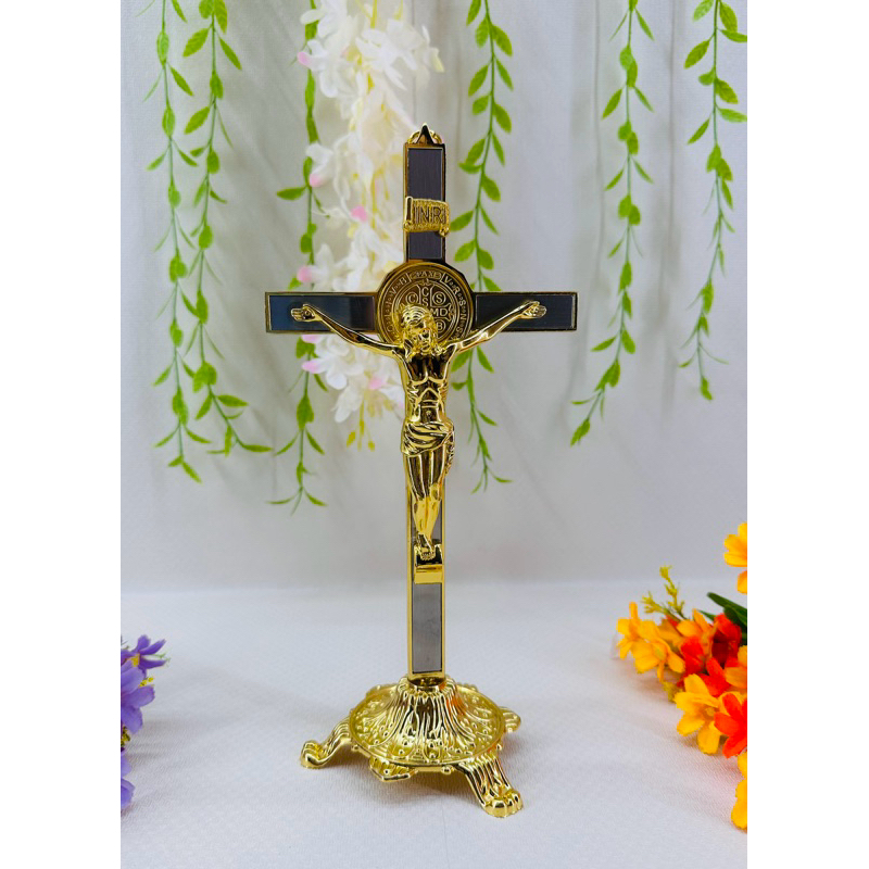 Salib Duduk Besi Benedictus 25 cm - Salib benedictus - pajangan Meja - Salib Meja